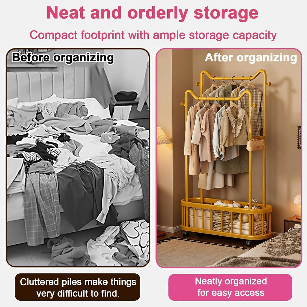 Gold clothes rack with Storage Shelf & Wheels – Double Rod Freestanding Garment Rack with Hooks，Portable Coat storage rack for Bedroom, Living Room(100cm/39.4in)