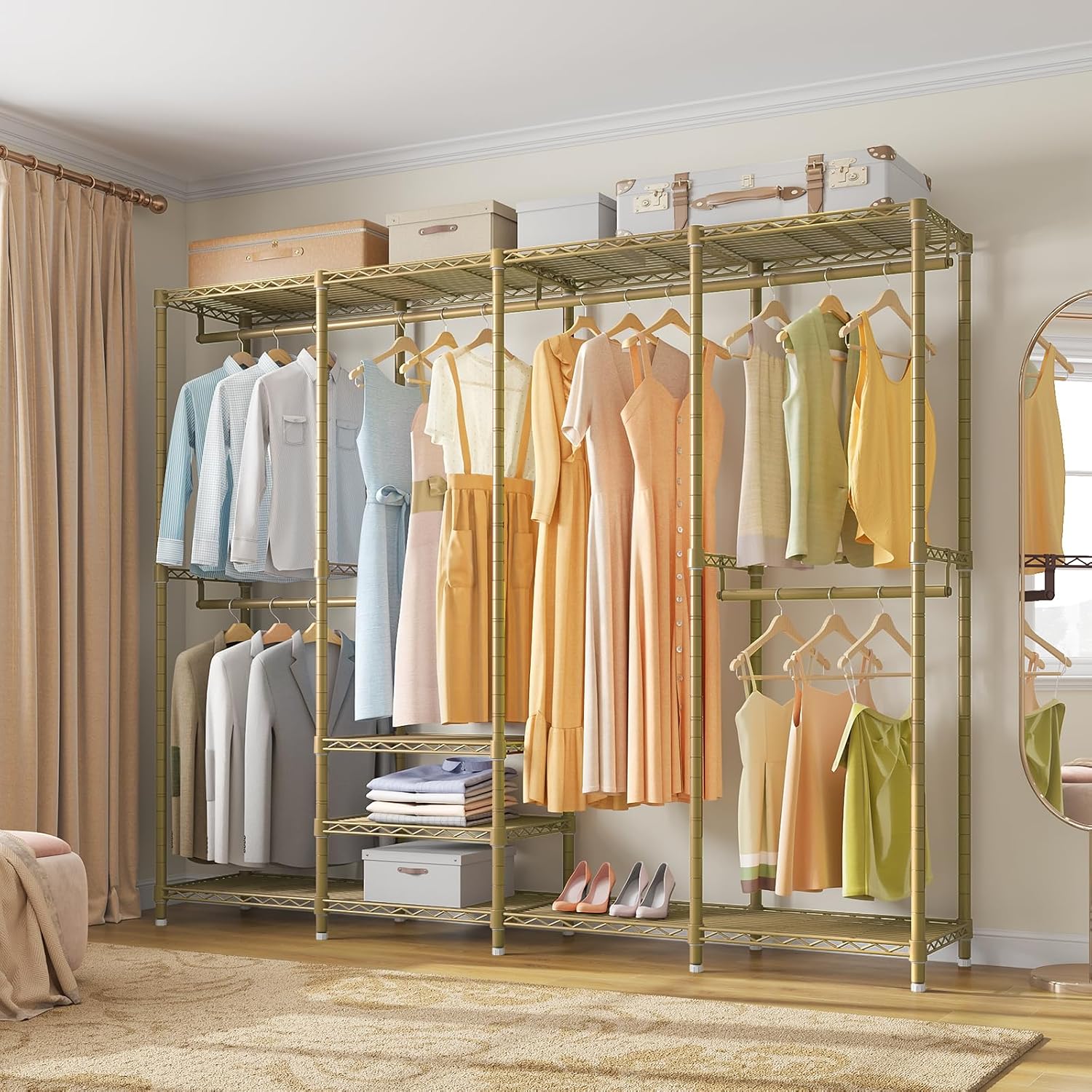VIPEK V40 Heavy Duty Clothes Rack, 1110lb Capacity Sturdy Metal Garment Rack, Clothing Rack with 6 Shelves & 4 Hang Rods, Adjustable Open Wardrobe Closet Organizer for Bedroom/Apartment/Retail, Gold
