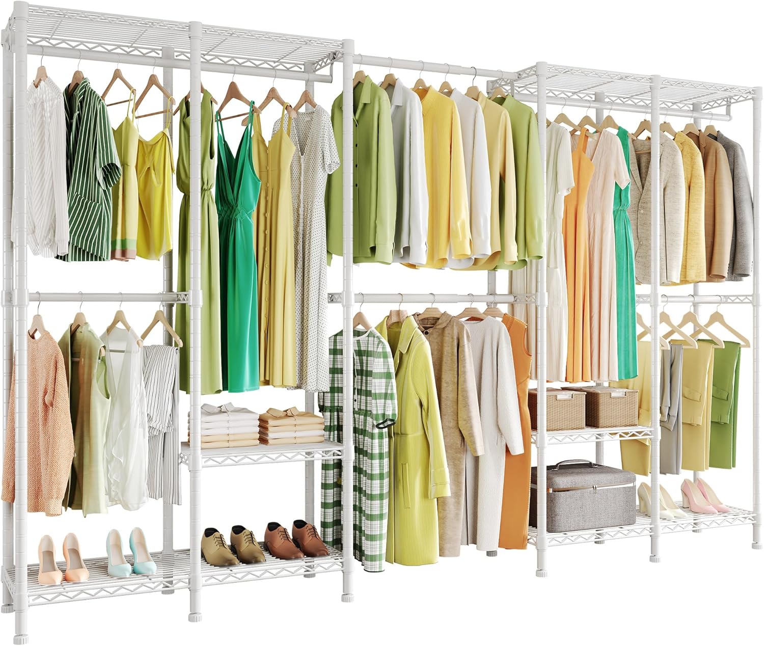 Higeego H5 Pro Heavy Duty Clothes Rack Wardrobe Closet for Hanging Clothes, Freestanding Garment Rack with Expandable Hanger Rods, Closet Organizer and Storage, (97.7-115.4')L x 15.7'W x 75.4'H, White