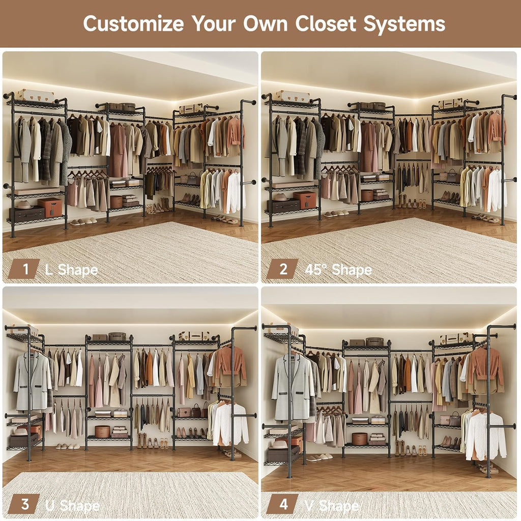 Wall Mounted Garment Rack, Industrial Pipe Clothing Rack, Closet System with 6 Expandable Rods, Walk in Closet Shelving, Clothes Organizers and Storage, Hanging Racks Wardrobe Renovation, Black