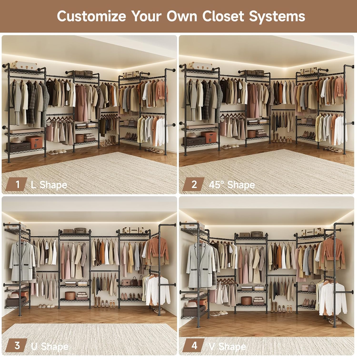 Wall Mounted Garment Rack, Industrial Pipe Clothing Rack, Closet System with 6 Expandable Rods, Walk in Closet Shelving, Clothes Organizers and Storage, Hanging Racks Wardrobe Renovation, Black