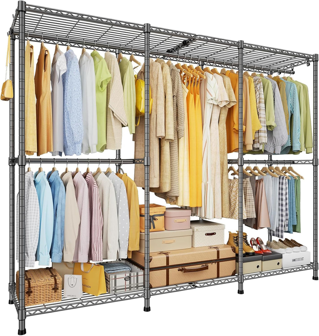 ULIFHOME E14 Pro Heavy Duty Clothes Rack，Freestanding Clothing Racks for Hanging Clothes，Adjustable Closet Organizers and Storage，Metal Garment Rack with Shelves 69'W x16'D x77'H，Max Load 960LBS，Grey