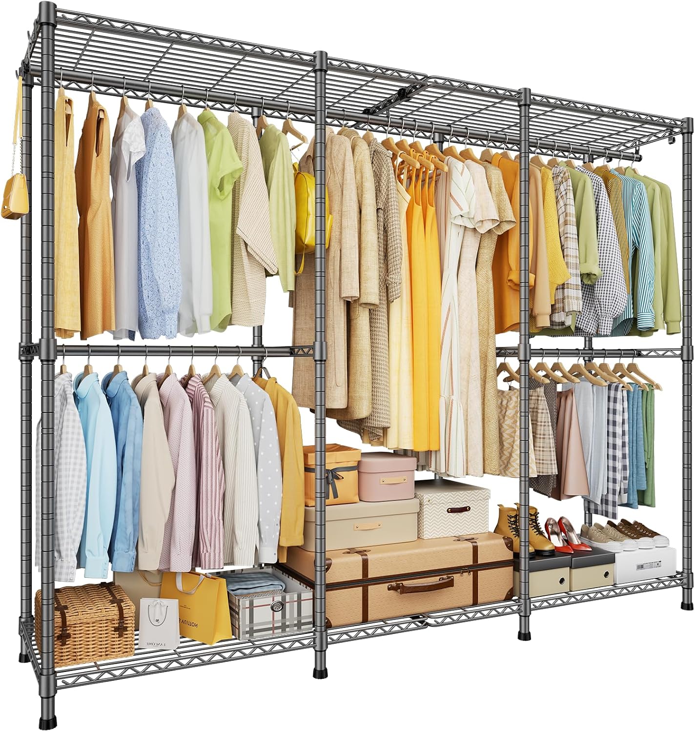 ULIFHOME E14 Pro Heavy Duty Clothes Rack，Freestanding Clothing Racks for Hanging Clothes，Adjustable Closet Organizers and Storage，Metal Garment Rack with Shelves 69'W x16'D x77'H，Max Load 960LBS，Grey