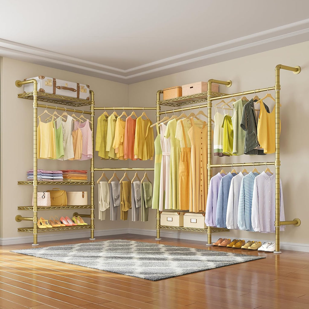 Timate L4 L Shape Garment Rack Heavy Duty for Hanging Clothes, Expandable Industrial Pipe Clothing Rack, Wall Mounted Closet Organizer Large Wardrobe Kit Corner System Gold