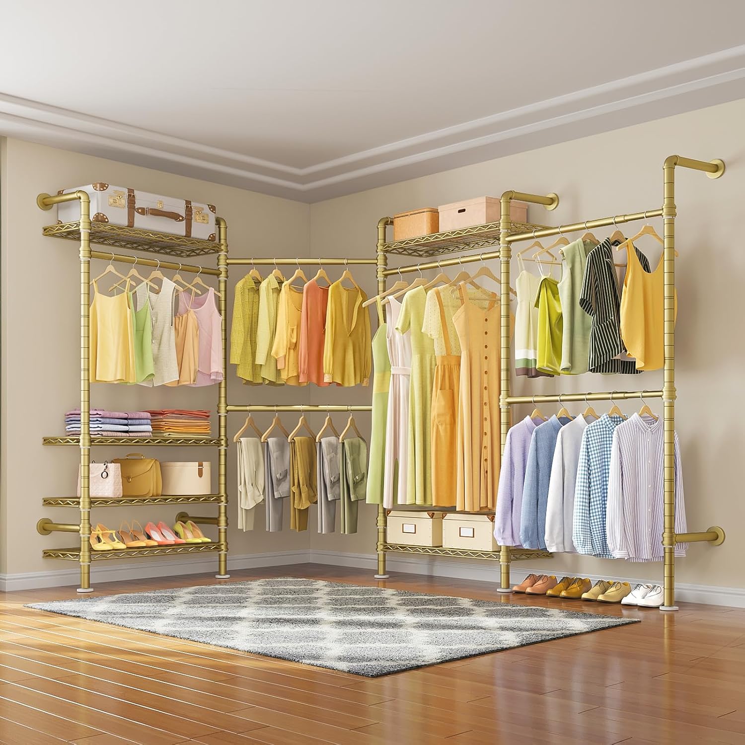 Timate L4 L Shape Garment Rack Heavy Duty for Hanging Clothes, Expandable Industrial Pipe Clothing Rack, Wall Mounted Closet Organizer Large Wardrobe Kit Corner System Gold