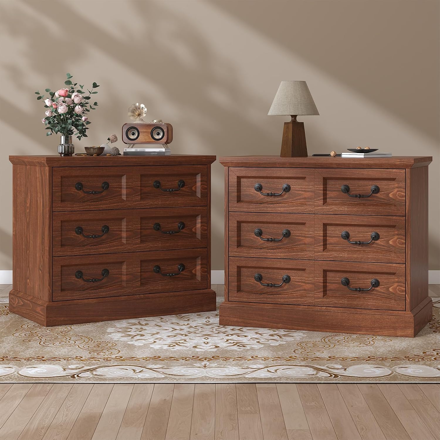 VVFLU 27.6' Wide Farmhouse Nightstand with Charging Station, 3 Drawer Nightstands Set of 2, Larger Side Table End Table, Modern Night Stand for Bedroom, Living Room, Cherry Nightstand