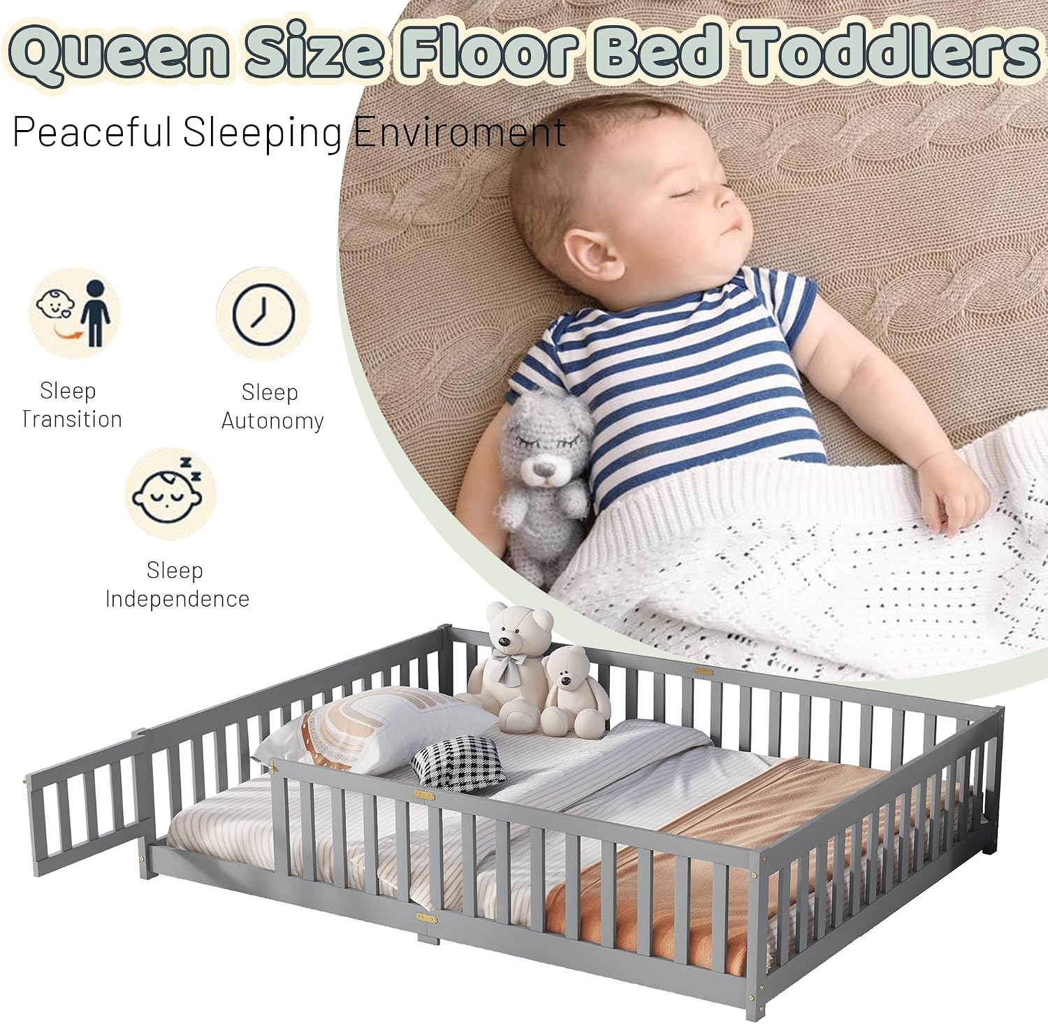 Queen Floor Bed with Safety Guardrails for Kids, Rubber Wood Montessori Bed with Slats and Convertible Door,Queen Size Bed Frame for Girls and Boys,No Box Spring Needed,Grey