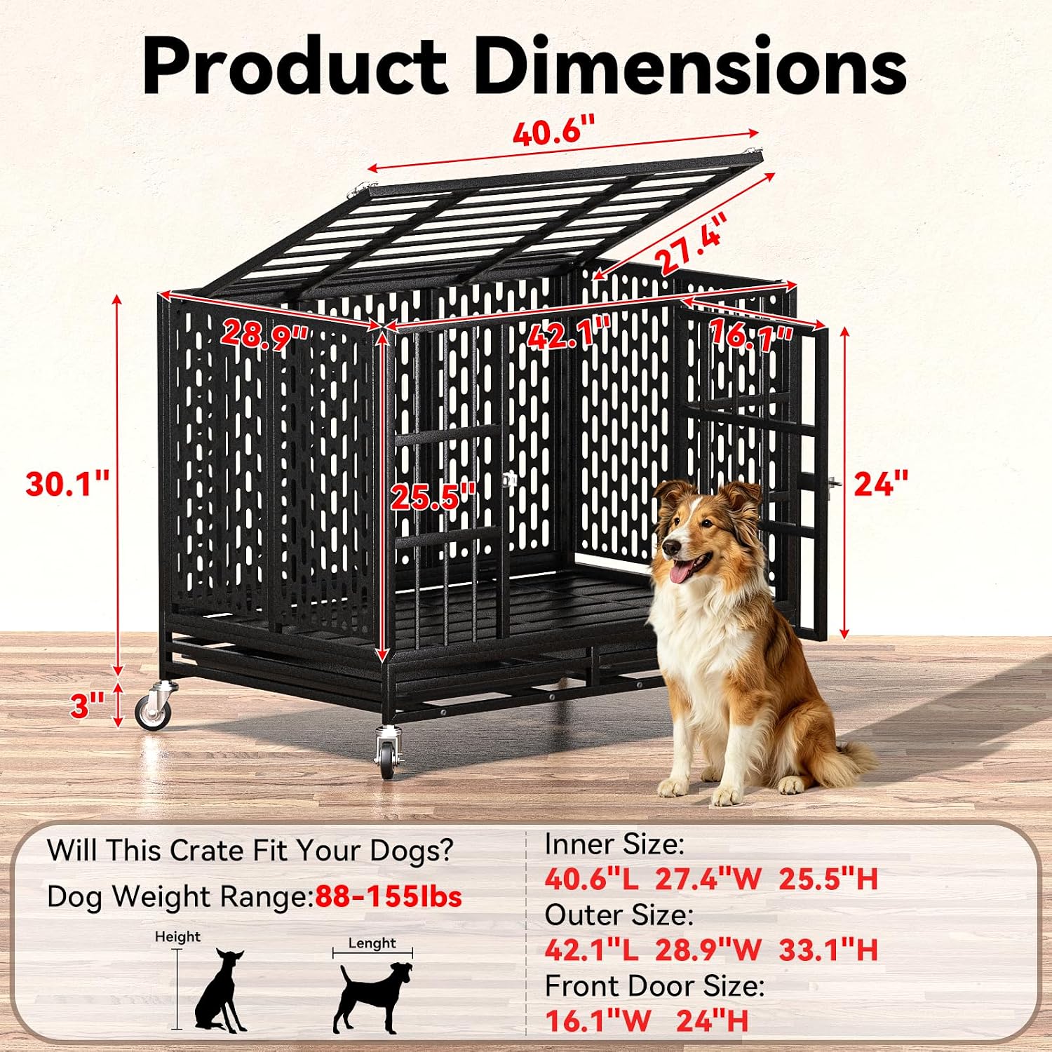42 Inch Heavy Duty Dog Crate with Wheels,Indestructible Escape-Proof Dog Kennel with Locking Latch and Double Door,Extra Large XL XXL Crate Indoor for Large and Medium Dog with Removable Tray