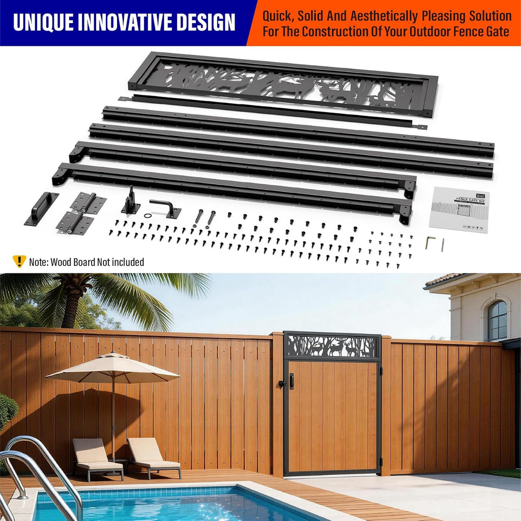 4x6FT (46.78'W X 70.8'H) 201 Stainless Steel Anti Sag Wooden Fence Gate Kit Heavy Duty Garden Gate Frame Hardware Kit Reinforcement (Left/Right Free-Installation)