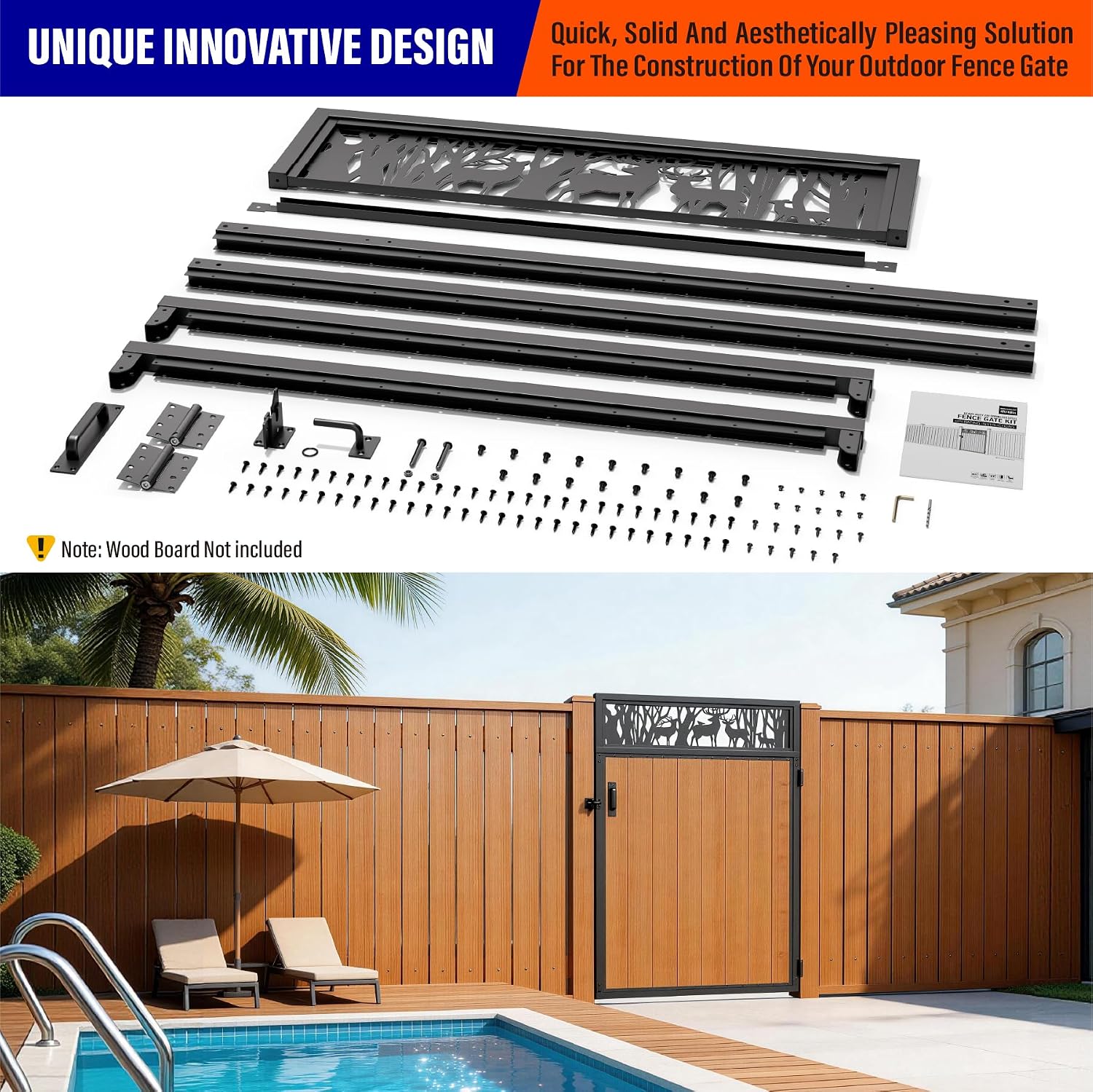 4x6FT (46.78'W X 70.8'H) 201 Stainless Steel Anti Sag Wooden Fence Gate Kit Heavy Duty Garden Gate Frame Hardware Kit Reinforcement (Left/Right Free-Installation)