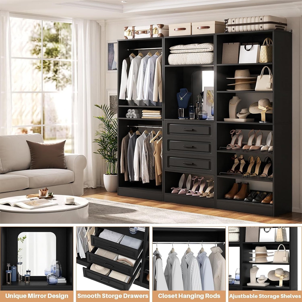 Unikito Modular Closet System with 3 Sets, 75'Closet Organizer System With Drawers, Mirror, Hanging Rods and Adjustable Shelves, Freestanding Wood Wardrobe Garment Rack, Walk in Closet Tower, Black