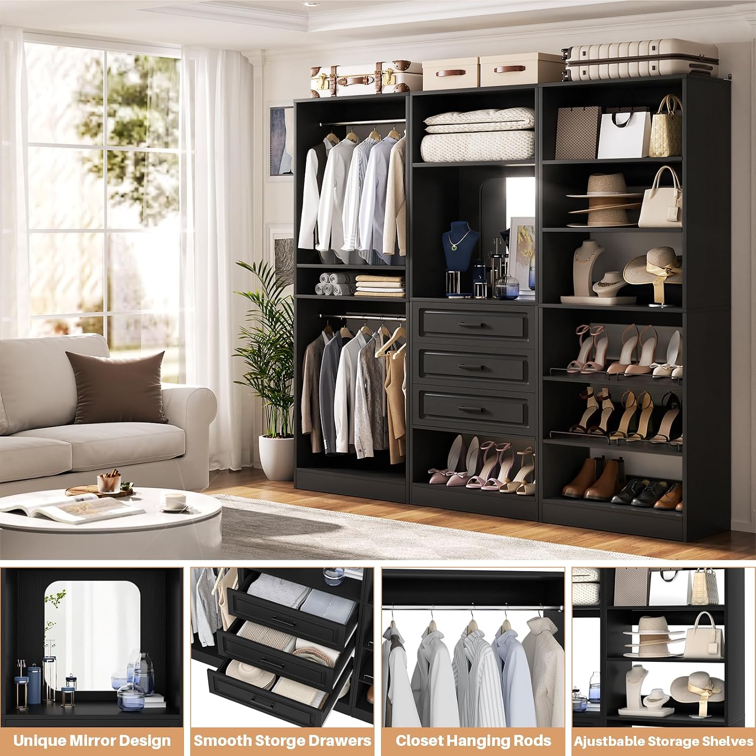 Unikito Modular Closet System with 3 Sets, 75'Closet Organizer System With Drawers, Mirror, Hanging Rods and Adjustable Shelves, Freestanding Wood Wardrobe Garment Rack, Walk in Closet Tower, Black
