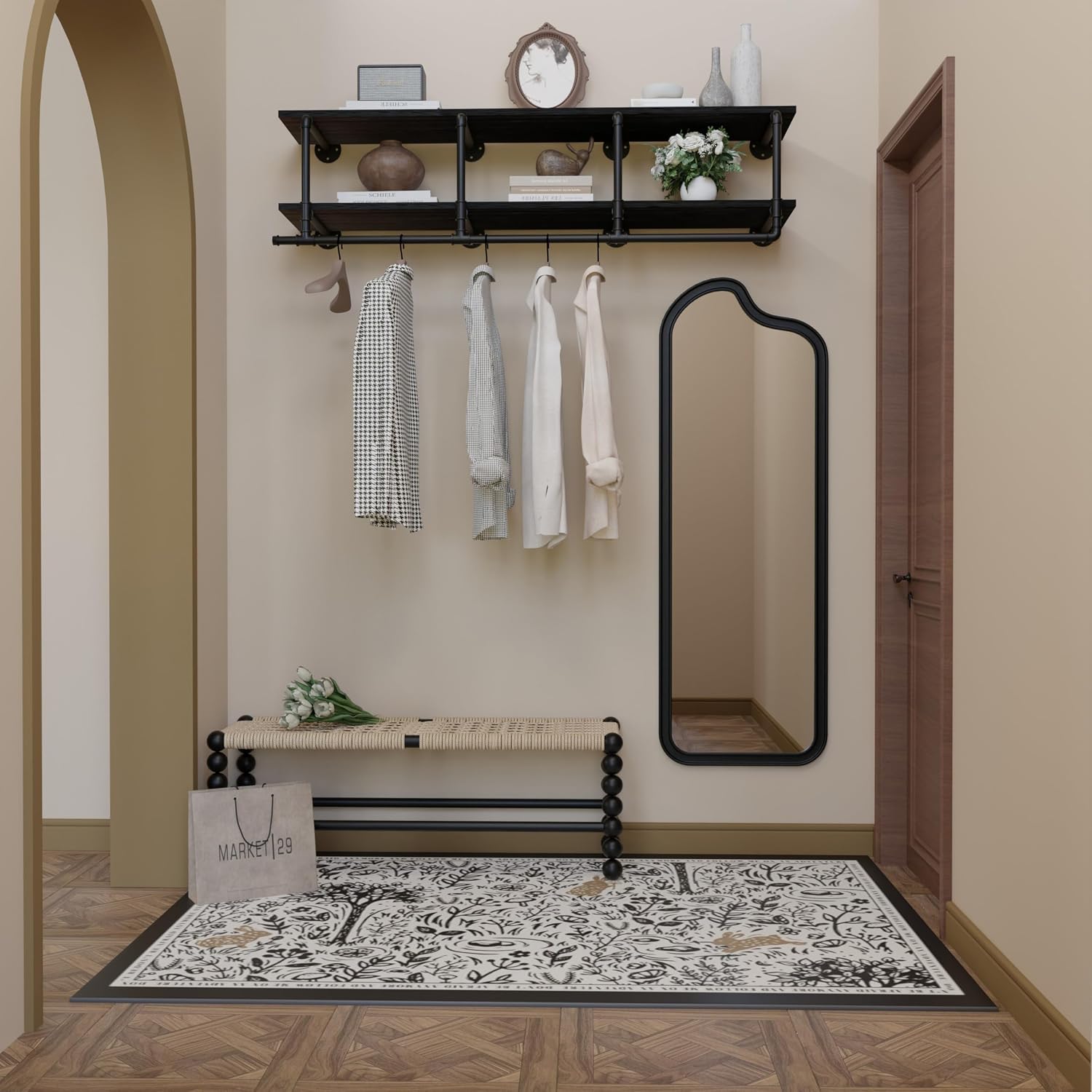 Wall Mounted Clothes Rack 12 Inch Deep, 60 Inch Heavy Duty Garment Rack with Real Black Wood Shelf, Multi-Purpose Hanging Rod & Space-Saving Closet Storage Organizer