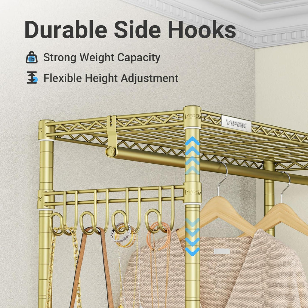 VIPEK R3 Heavy Duty Clothes Rack with Lockable Wheels, Rolling Portable Closet with Adjustable Shelves & Hanging Rod & Side Hooks, Compact Space-Saving Storage for Small Apartments/Dorms (Gold)