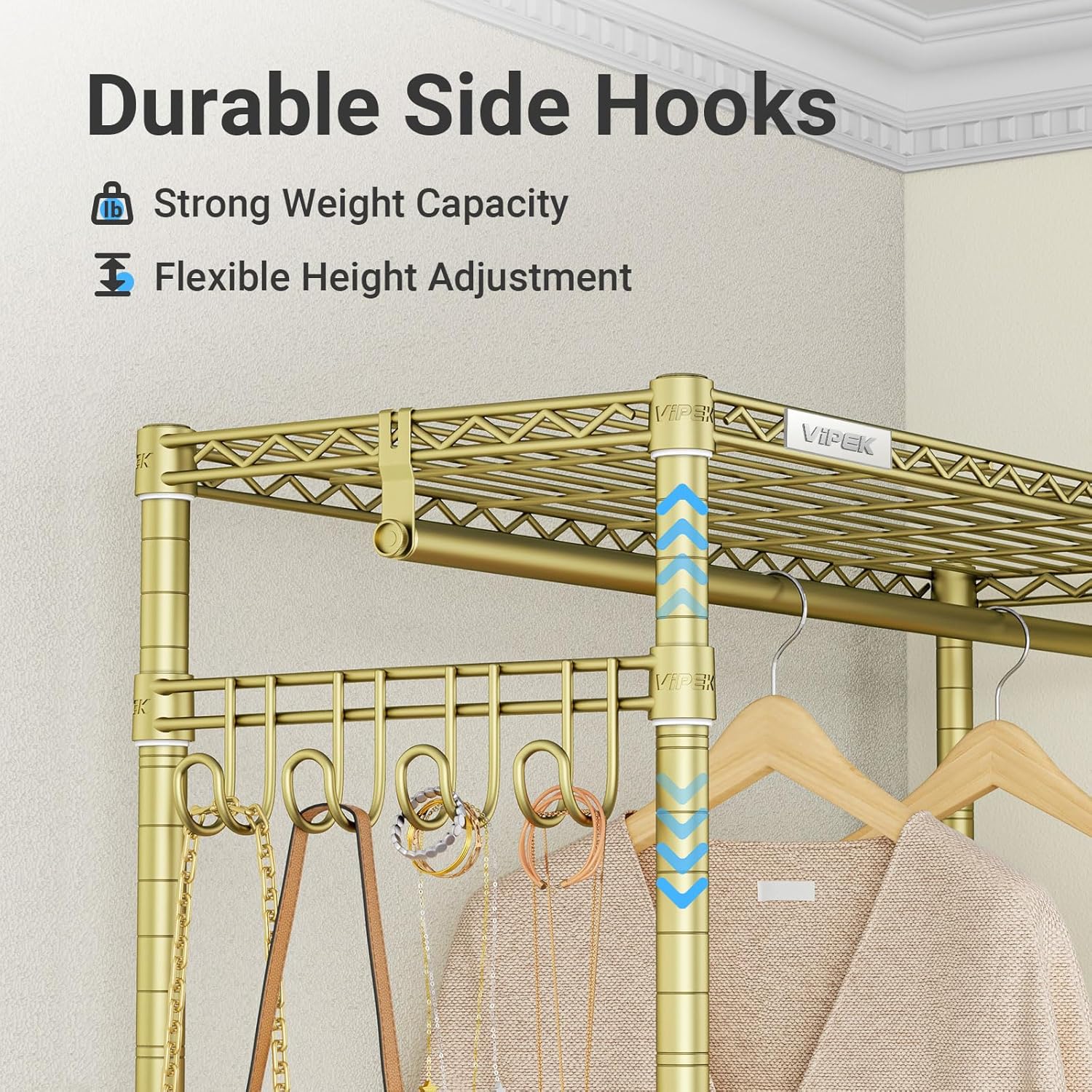 VIPEK R3 Heavy Duty Clothes Rack with Lockable Wheels, Rolling Portable Closet with Adjustable Shelves & Hanging Rod & Side Hooks, Compact Space-Saving Storage for Small Apartments/Dorms (Gold)