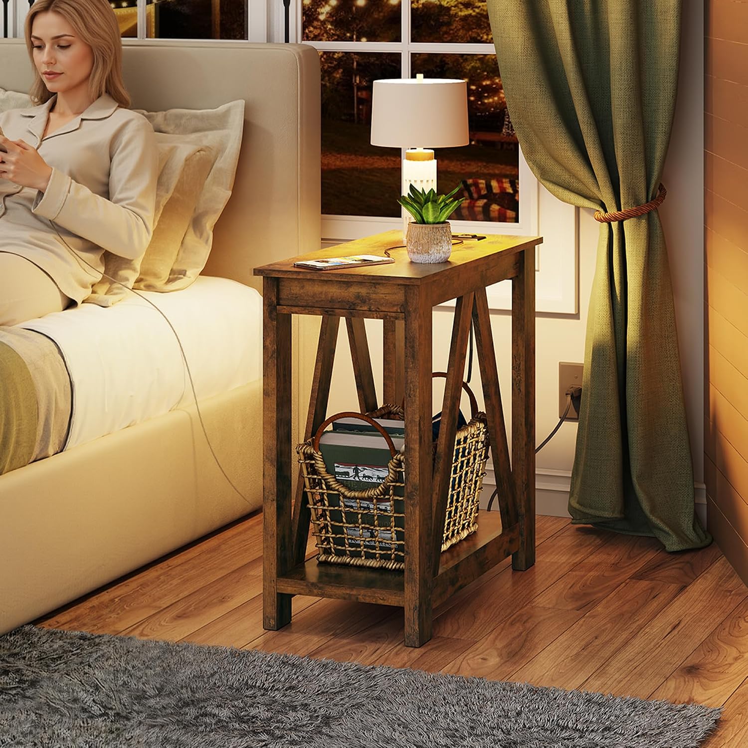 WLIVE End Tables Living Room Set of 2 with Charging Station, Sofa Side Tables with Open Storage Shelf, Slim Farmhouse End Table Sets, Greige