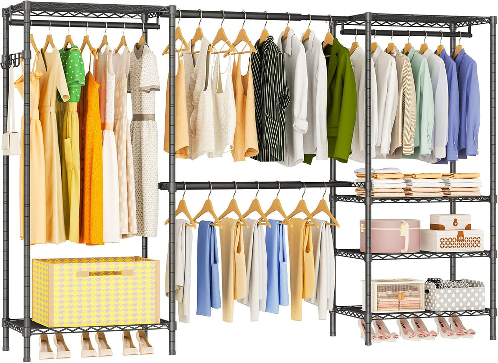 Heavy Duty Garment Rack, Portable Expandable Freestanding 4 Tiers Adjustable Wire Shelves Clothes Rack with 2 Retractable Poles, 70.9-86.6' L x 15.7' W x 76.8' H, Max Load 900LBS, Black