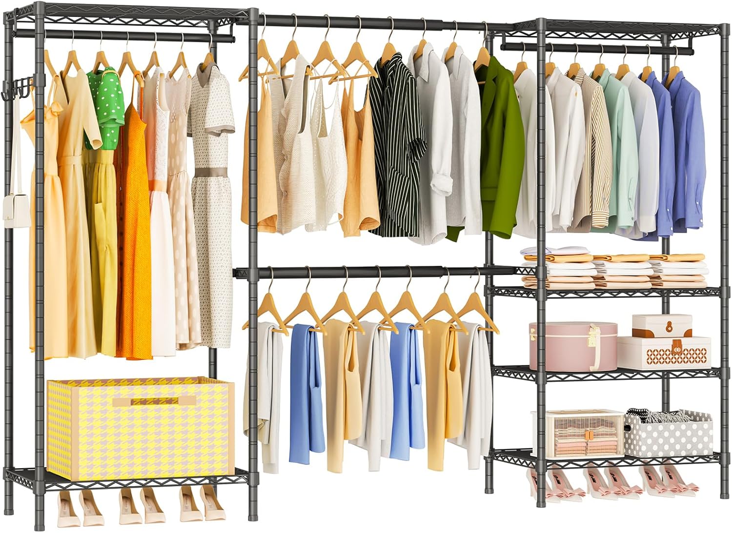 Heavy Duty Garment Rack, Portable Expandable Freestanding 4 Tiers Adjustable Wire Shelves Clothes Rack with 2 Retractable Poles, 70.9-86.6' L x 15.7' W x 76.8' H, Max Load 900LBS, Black