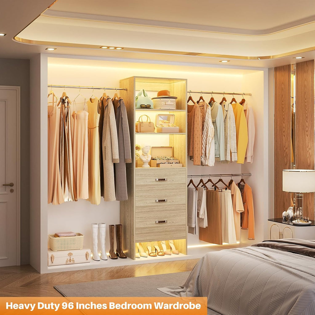 Homieasy 96 Inches Closet Organizer System, 8FT Customizable Walk In Closet Organizer with Hanging Rods, 3 Leather Handle Drawers Garment Rack, 96' L x 16' W x 75' H, Max Load 1000 LBS, White Oak