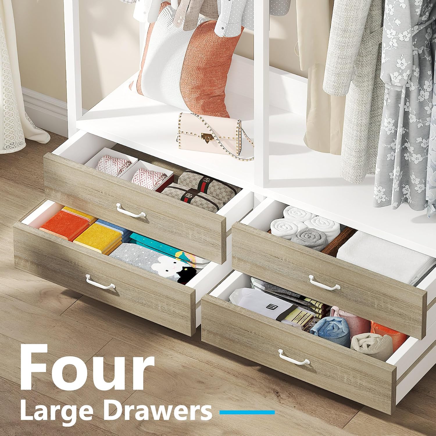 Tribesigns Freestanding Closet Organizer for Hanging Clothes, Heavy Duty Garment Rack with 4 Drawers, 8 Hooks and Storage Shelves, Wardrobe Closet Clothing Rack for Bedroom, Living Room, White Walnut