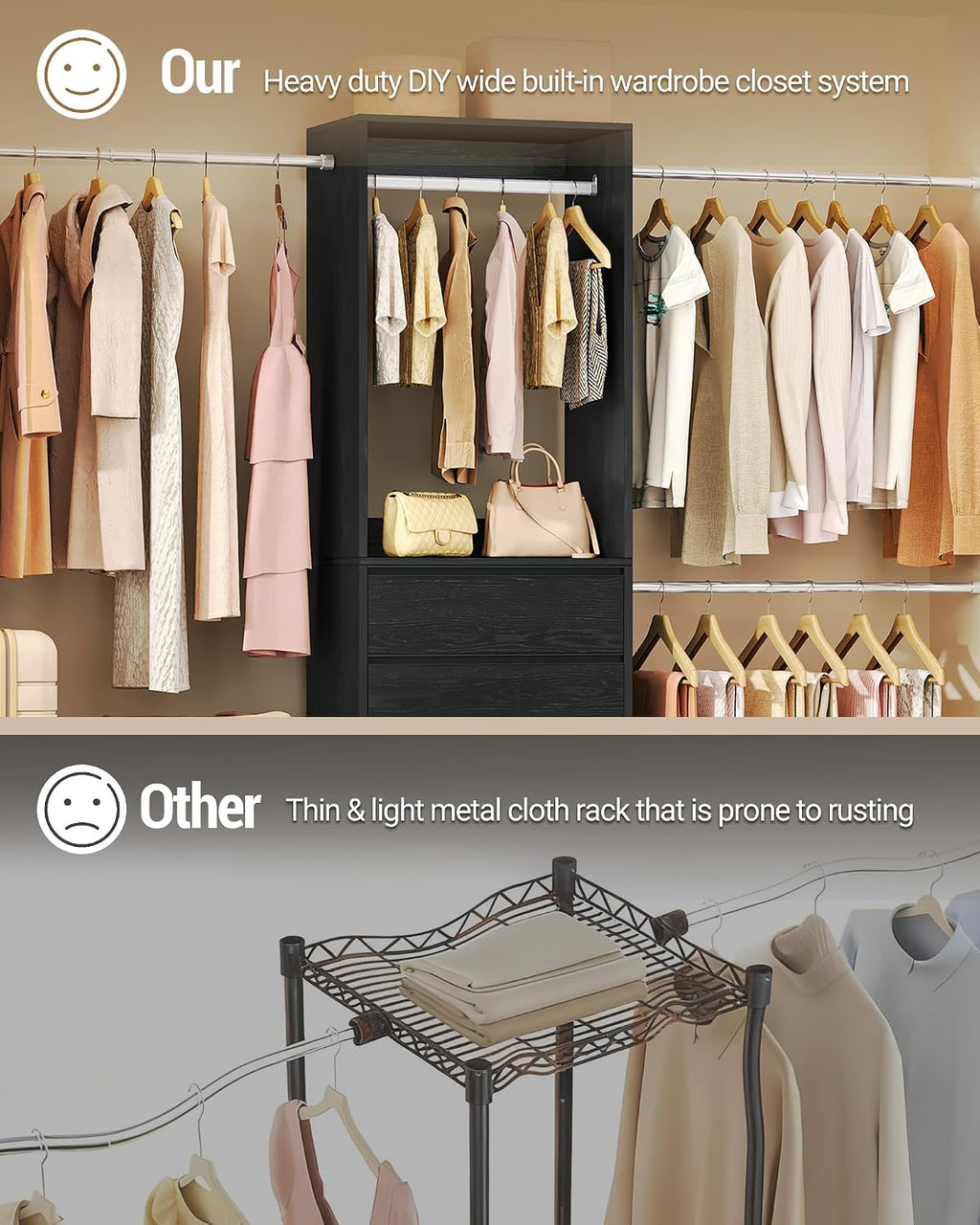 Hzuaneri Closet System with 2 Drawers, Walk-in Closet Organizer System Wooden Storage Systems with 4 Hang Rods & Shoe Cabinet, Wardrobe Clothes Rack Garment Rack Fits Spaces 6-10 ft, Black MC00104B