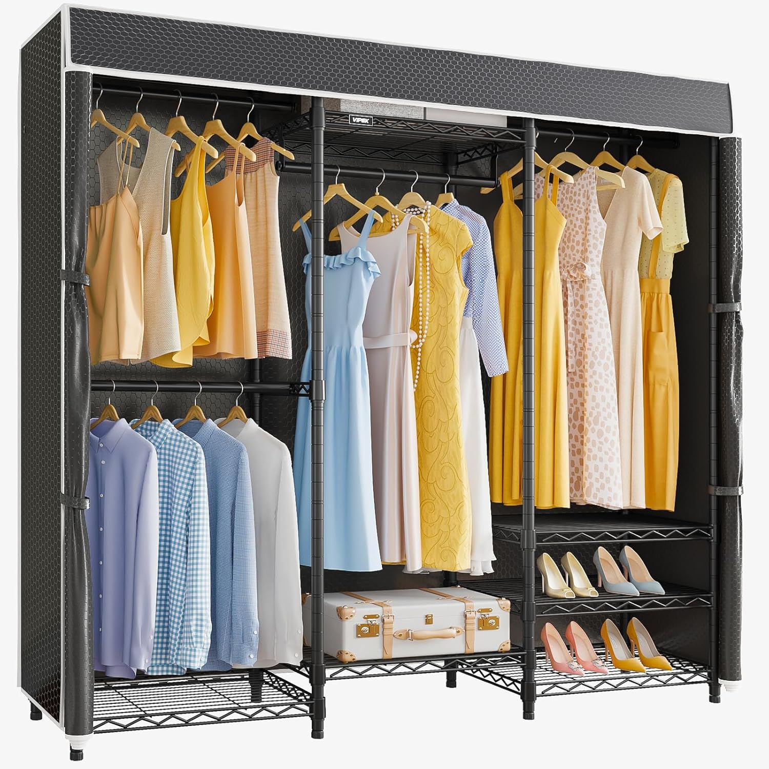 VIPEK V5C Medium Covered Clothes Rack Heavy Duty Portable Closet Wardrobe, Freestanding Black Clothing with Upgraded Polyester Cover, Adjustable Custom, 56.7' Lx15.7 Wx76.4 H