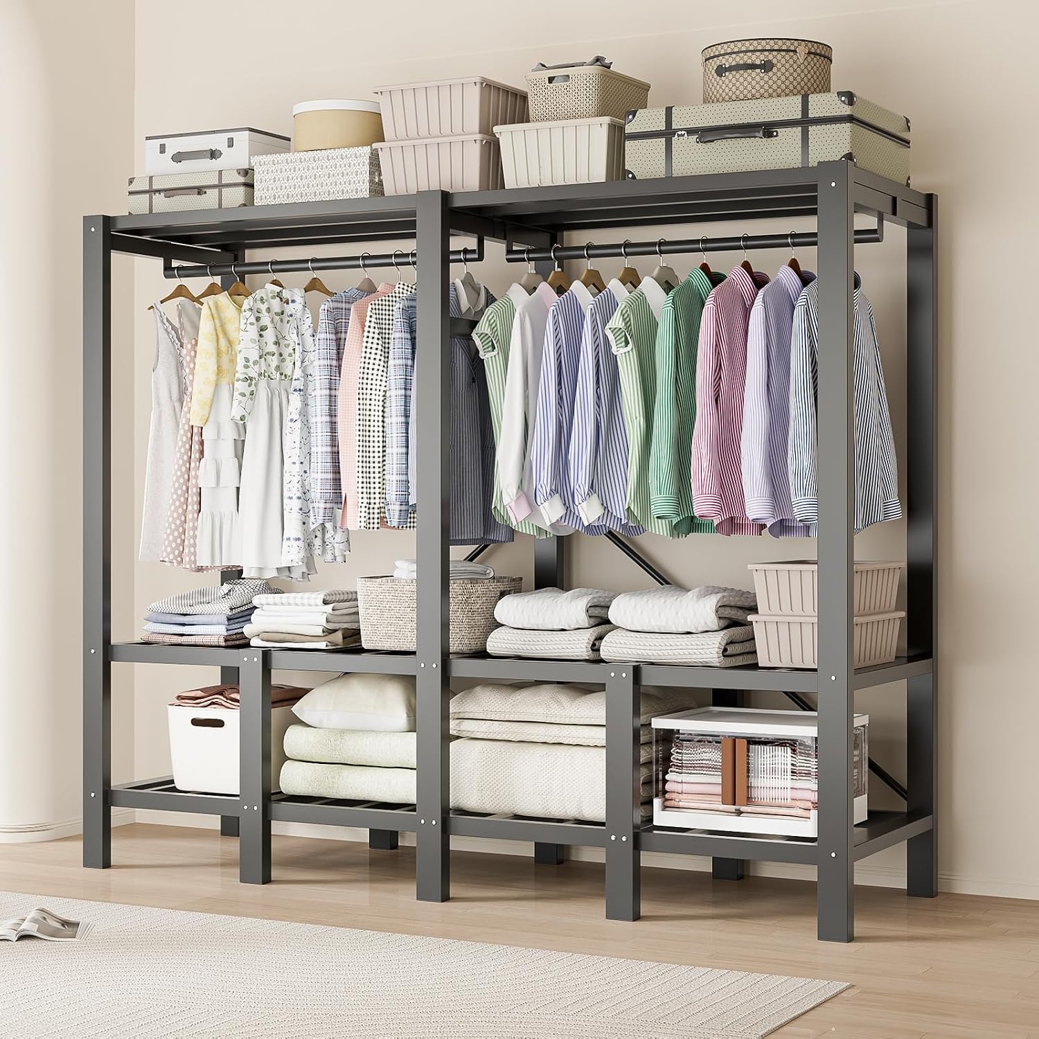 Heavy Duty Portable Closet Wardrobe, Garment Rack with Cover & Hanging Rods, Freestanding Wardrobe with Magnetic Door, Metal Closet Rack for Hanging Clothes (Door Design, 70.9''/180cm)