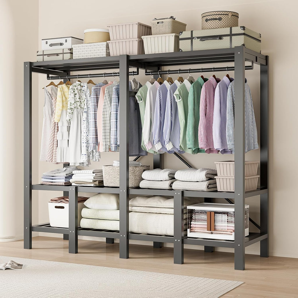 Heavy Duty Portable Closet Wardrobe, Garment Rack with Cover & Hanging Rods, Freestanding Wardrobe with Magnetic Door, Metal Closet Rack for Hanging Clothes (Door Design, 49.2''/125cm)