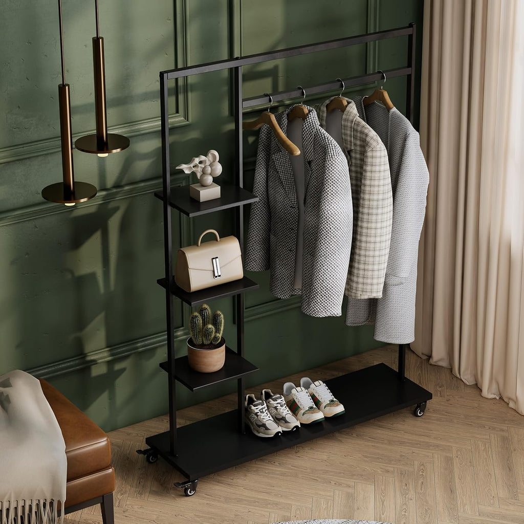 Rolling Garment Rack with Shelves on Wheels,Freestanding Metal Clothing Rack with 4 Storage Shelves,Sturdy Clothes Rack for Hanging Clothes, Bedroom,Closet,Entryway,Boutique Display