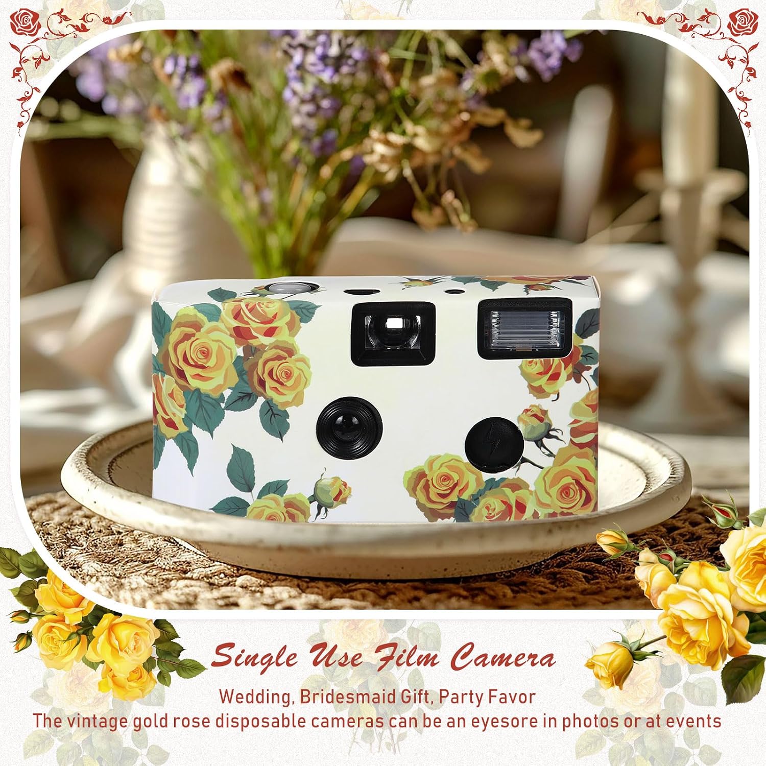 Kanayu 10 Pack Disposable Camera for Wedding Floral 35mm Single Use Film Camera with Flash One Time Use Camera for Anniversary Concert Travel Camp Party Supply Gift Honeymoon (Yellow Rose)