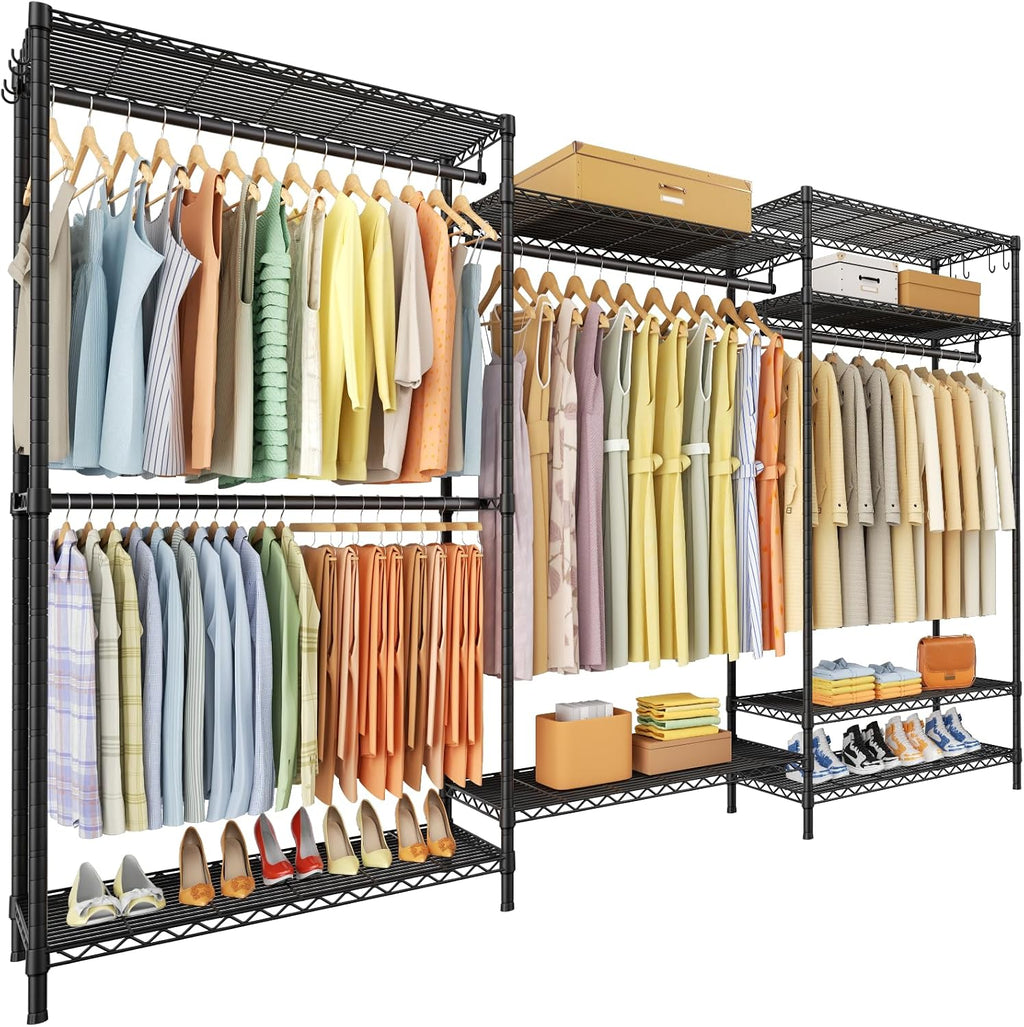 Ulif E13 Max Heavy Duty Clothes Rack（With 4 Hanger Rods & 8 Shelves） Freestanding Clothing Racks for Hanging Clothes，Adjustable Closet，Metal Garment Rack 86' W x16 D x77 H，Max Load 1100LBS，Black