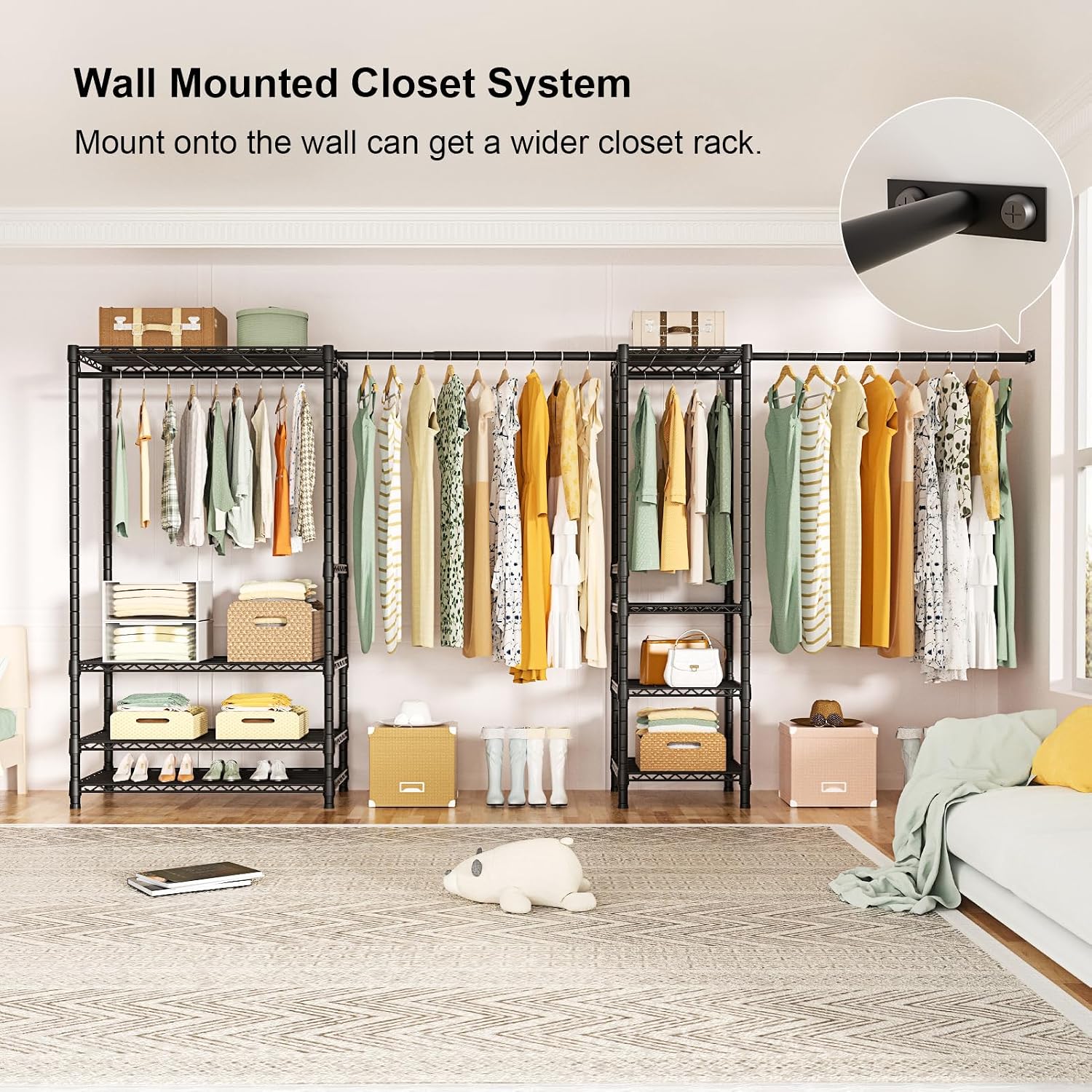 Ulif E11 and E7 Garment Rack Bundle, Metal Freestanding Clothes Rack and Closet Storage Organizer System with Shelves and Expandable Hanger Rods, Closet System Wardrobe for Hanging Clothing