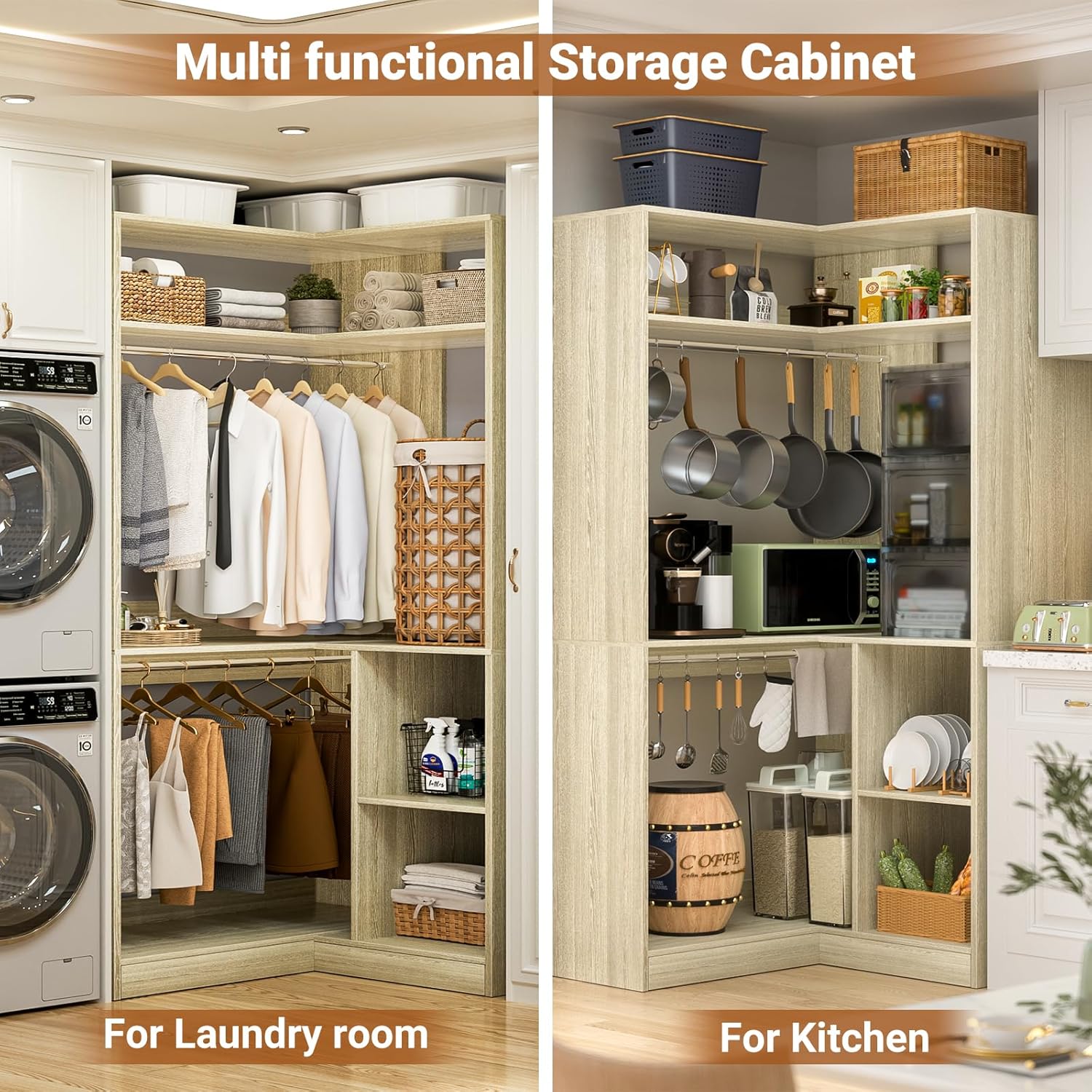 Aheaplus Corner Closet System with Shelves, 34'' Closet Organizer System with Hanging Rods, Wood Walk-in Closets for Corner Small Space,Freestanding Corner Tower, L Shaped Garment Rack, White Oak