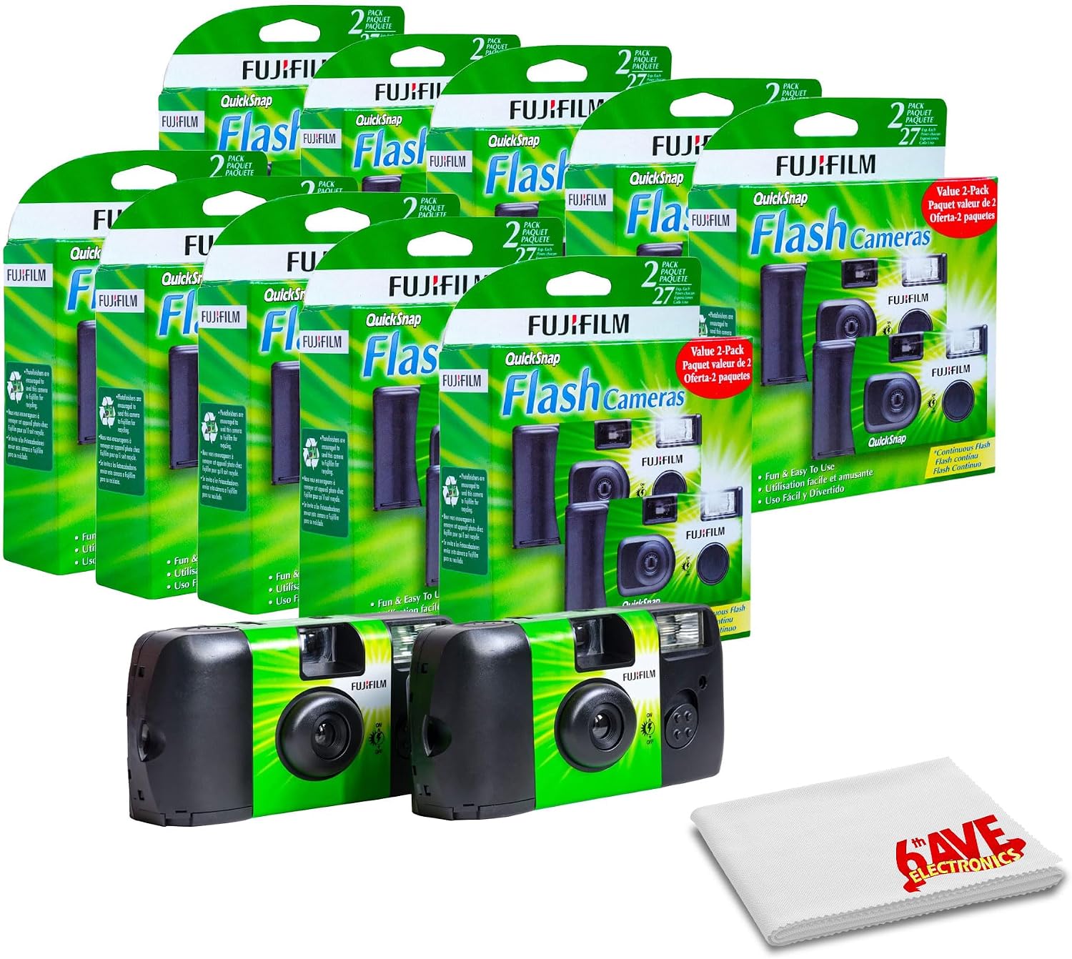 FUJIFILM QuickSnap Flash 400 One-Time-Use Disposable Camera with Flash (10x 2 Pack) Bundle with Microfiber Cleaning Cloth