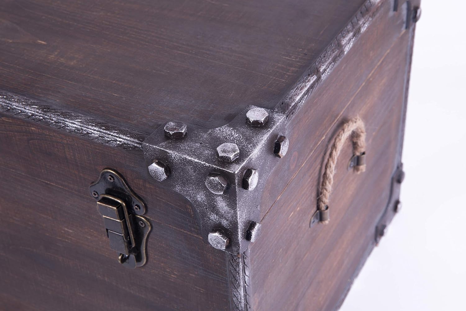 Distressed Wooden Vintage Industrial Style Decorative Trunk with Lockable Latch