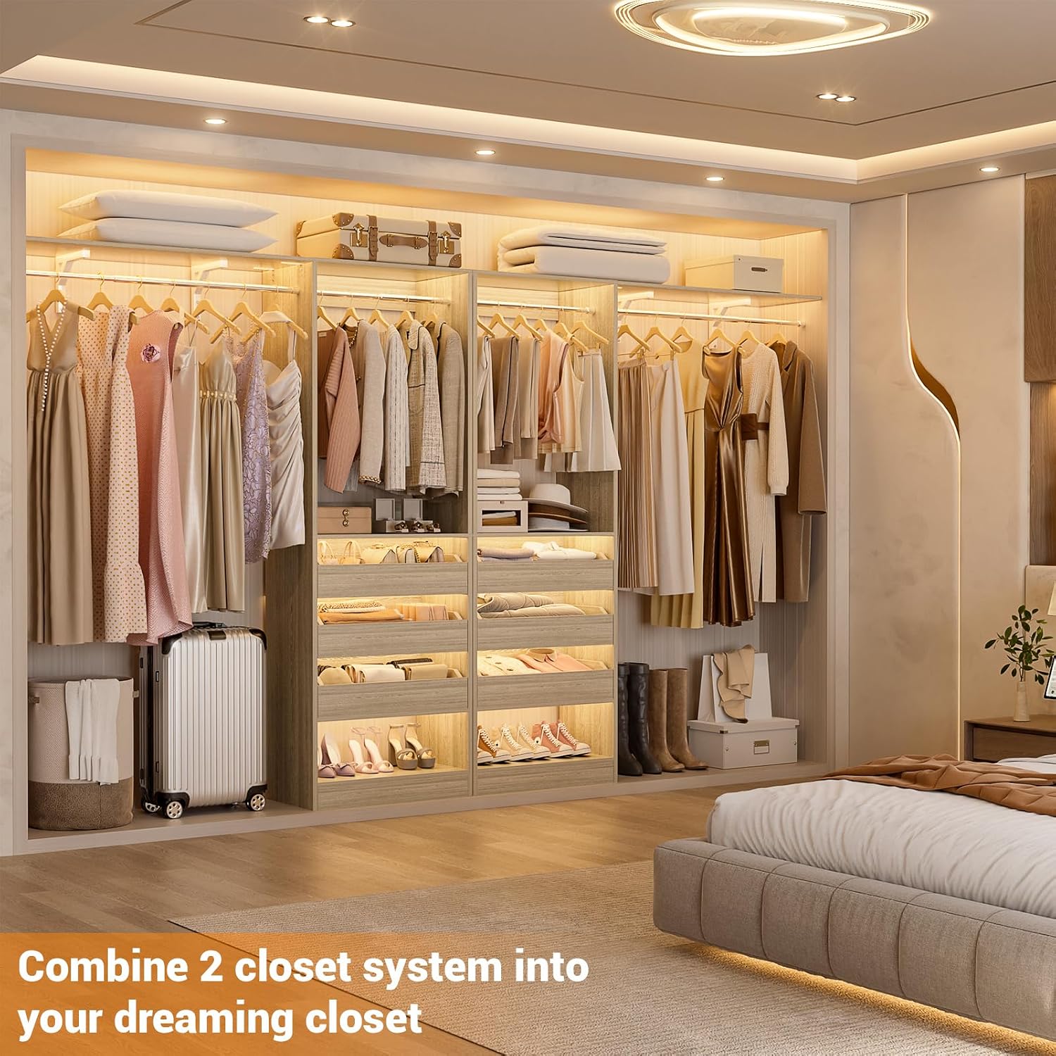 Homieasy Closet Organizer System Tower with Storage Wing Shelf, 60 Inch Adjustable Walk in Wardrobe System with 3 Drawers, 2 Hanging Clothes Rods, Reversible Heavy Duty Garment Rack, White Oak