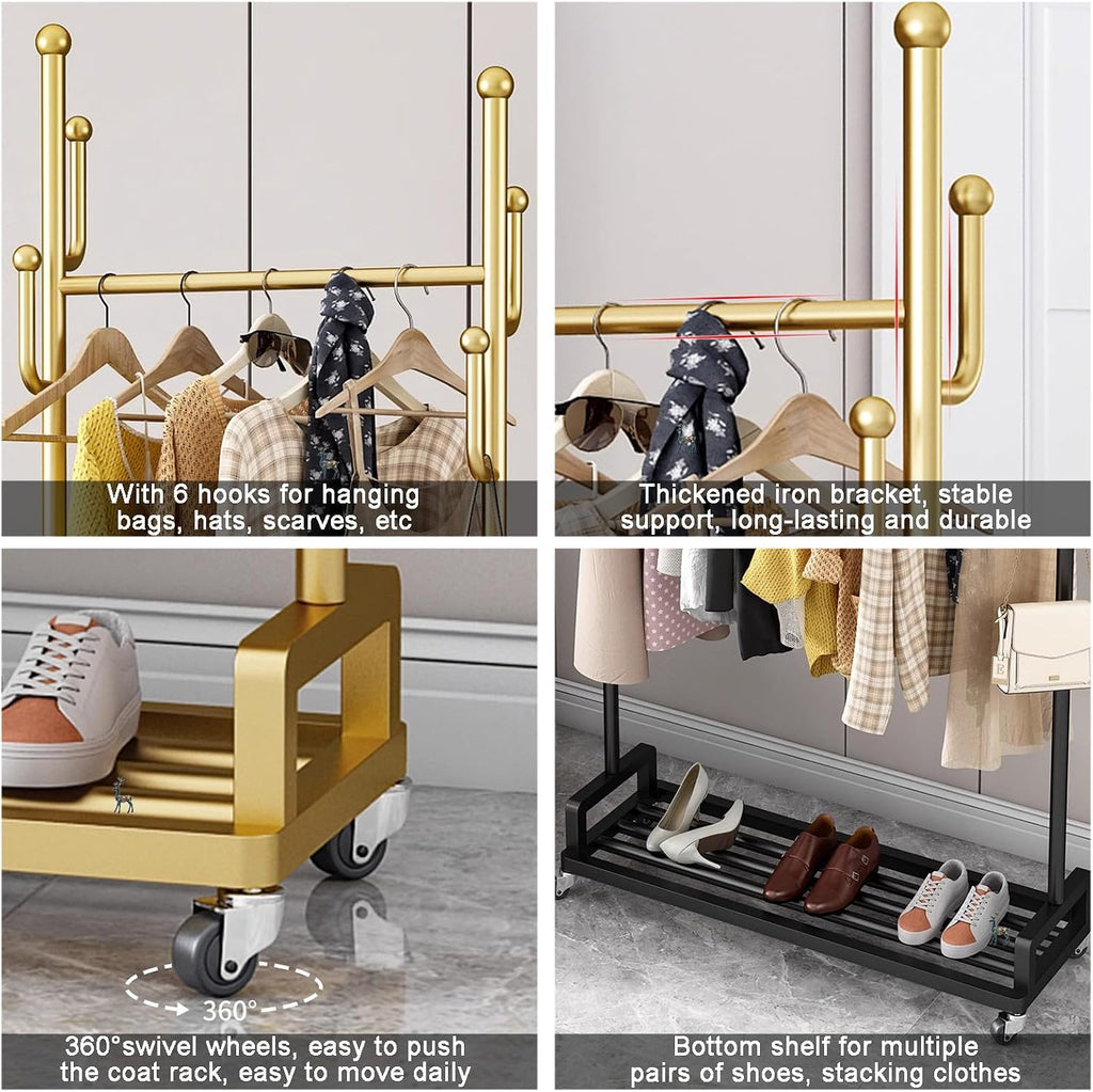 Heavy Duty Metal Clothes Rack with Rolling Wheels Storage Shelves and 6 Hooks Durable Garment Rack for Hanging Clothes,Gold-60 x 35 x 175 cm