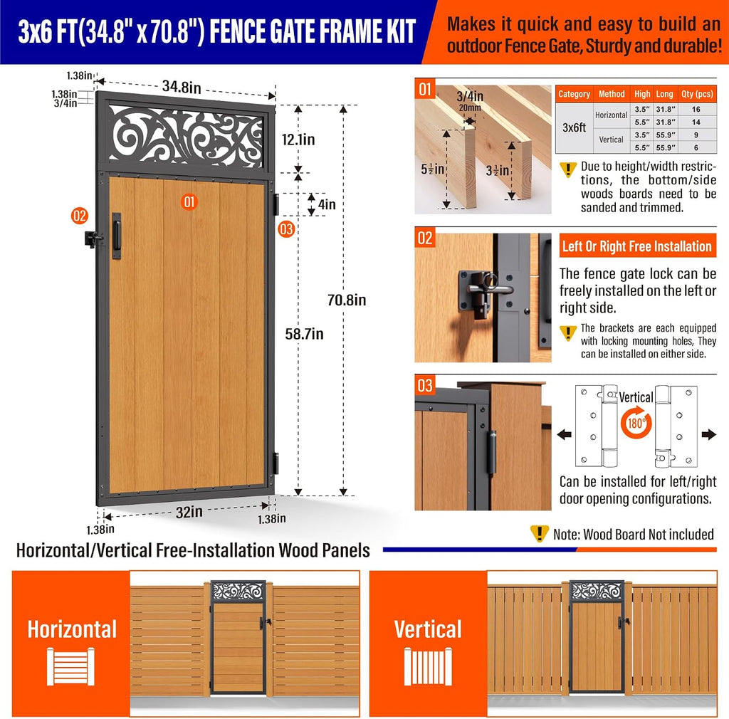 3x6FT (34.8' W X 70.8' H) 201 Stainless Steel Anti Sag Wooden Fence Gate Kit Heavy Duty Garden Gate Frame Hardware Kit Reinforcement (Left/Right Free-Installation)
