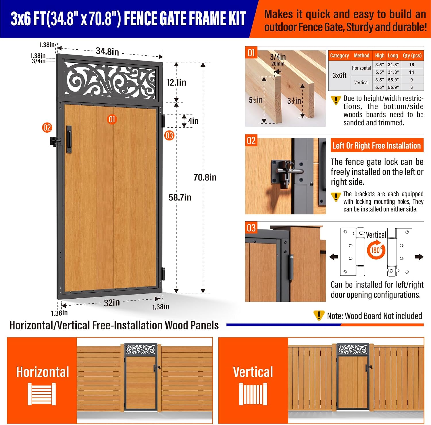 3x6FT (34.8' W X 70.8' H) 201 Stainless Steel Anti Sag Wooden Fence Gate Kit Heavy Duty Garden Gate Frame Hardware Kit Reinforcement (Left/Right Free-Installation)