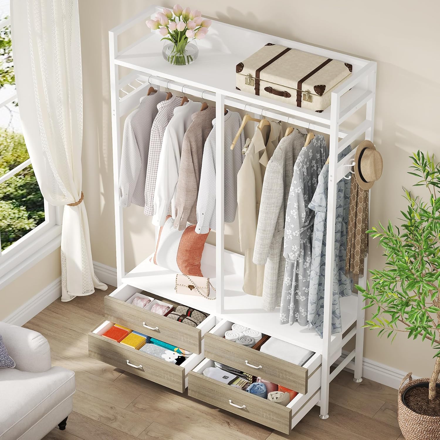 Tribesigns Freestanding Closet Organizer for Hanging Clothes, Heavy Duty Garment Rack with 4 Drawers, 8 Hooks and Storage Shelves, Wardrobe Closet Clothing Rack for Bedroom, Living Room, White Walnut