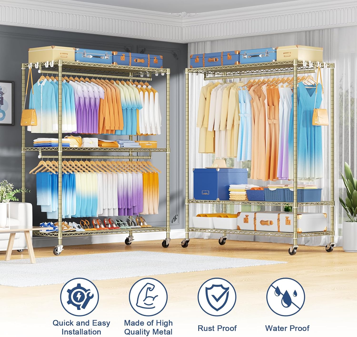 ULIFHOME P8 Max Heavy Duty Clothes Rack（With Extended Width Design） Rolling Clothing Racks for Hanging Clothes，Portable Garment Rack with Lockable Wheels，51.2' W x 15.8' D x 80.5' H，Load 700LBS，Gold