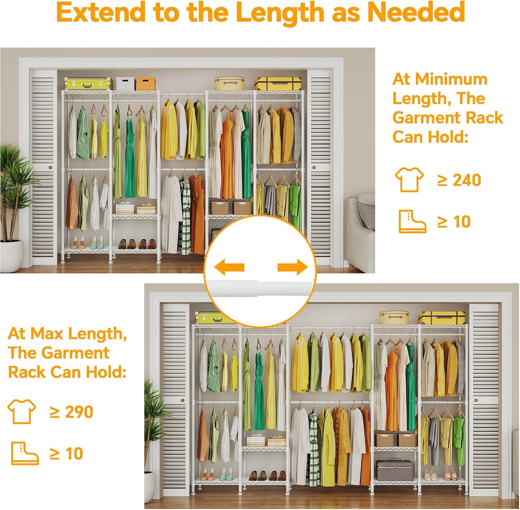 Higeego H5 Pro Heavy Duty Clothes Rack Wardrobe Closet for Hanging Clothes, Freestanding Garment Rack with Expandable Hanger Rods, Closet Organizer and Storage, (97.7-115.4')L x 15.7'W x 75.4'H, White