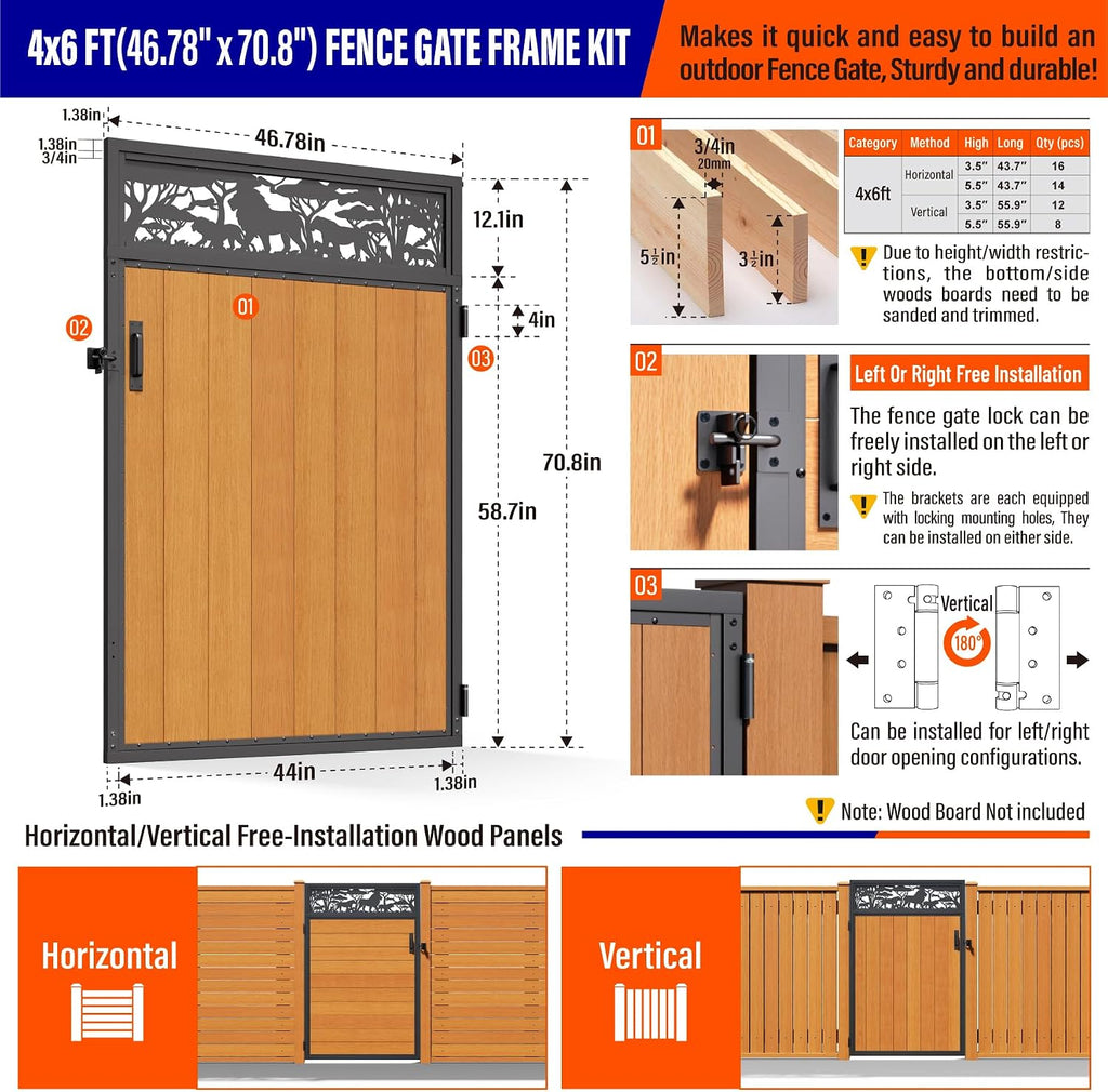 4x6FT (46.78' W X 70.8' H) 201 Stainless Steel Anti Sag Wooden Fence Gate Kit Heavy Duty Garden Gate Frame Hardware Kit Reinforcement (Left/Right Free-Installation)