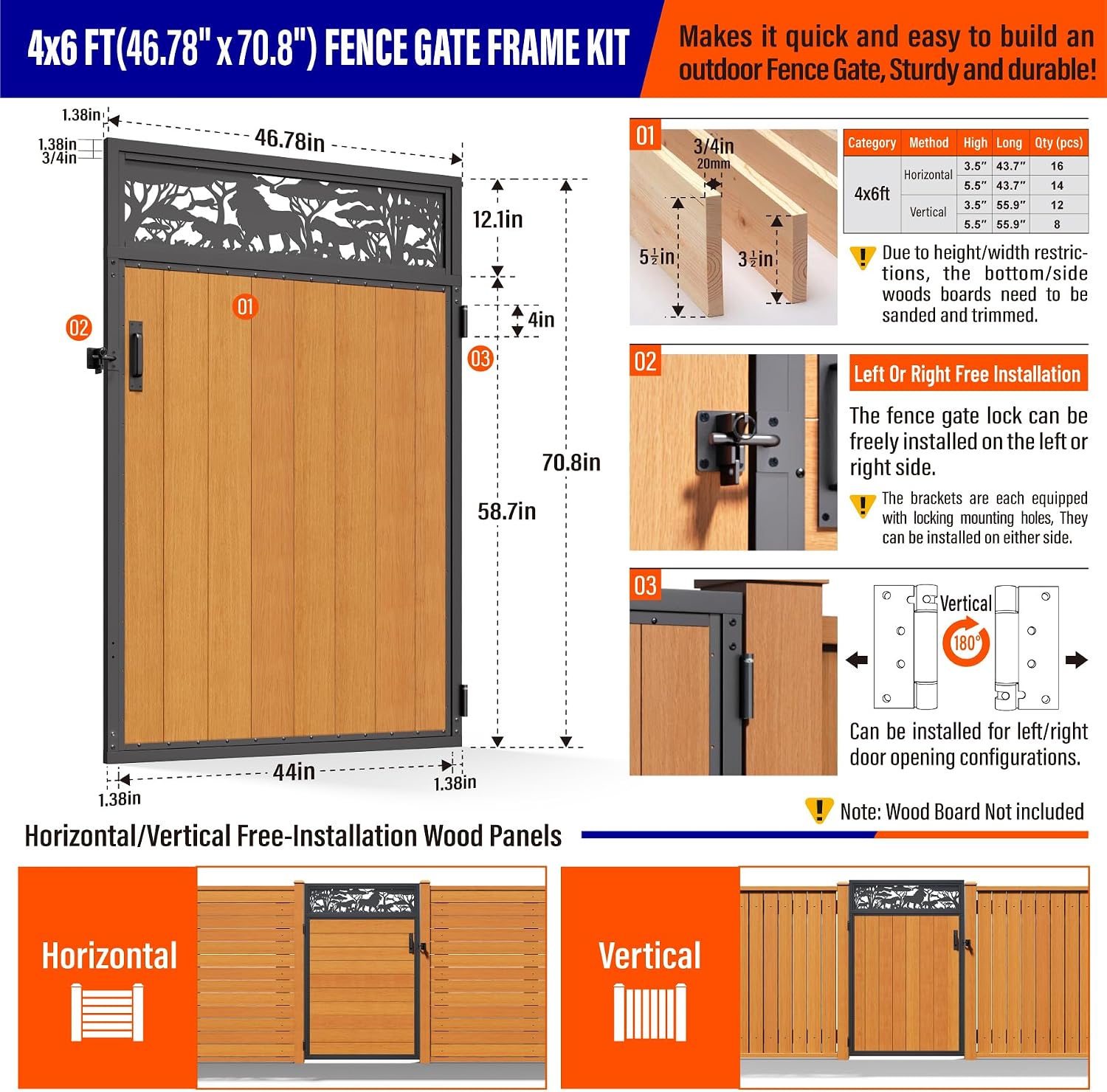 4x6FT (46.78' W X 70.8' H) 201 Stainless Steel Anti Sag Wooden Fence Gate Kit Heavy Duty Garden Gate Frame Hardware Kit Reinforcement (Left/Right Free-Installation)