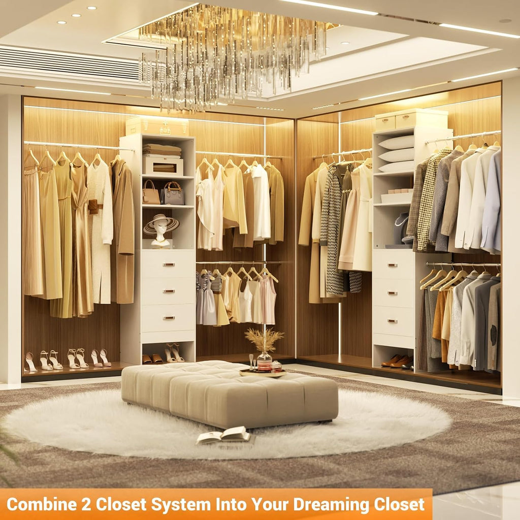 Homieasy 96 Inches Closet Organizer System, 8FT Customizable Walk In Closet Organizer with Hanging Rods, 3 Drawers Garment Rack with Leather Handle , 96' L x 16' W x 75' H, Max Load 1000 LBS, White