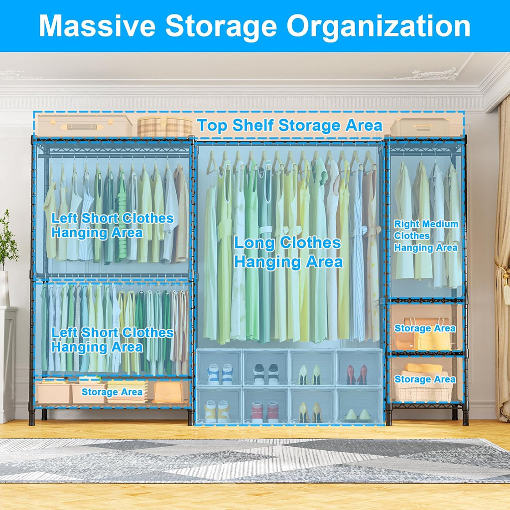 Ulif E10 and E12 Clothes Rack（With Stretchable Hanger Rod）, Heavy Duty Freestanding Garment Rack with Shelves，Metal Clothing Closet Storage System for Hanging Clothes