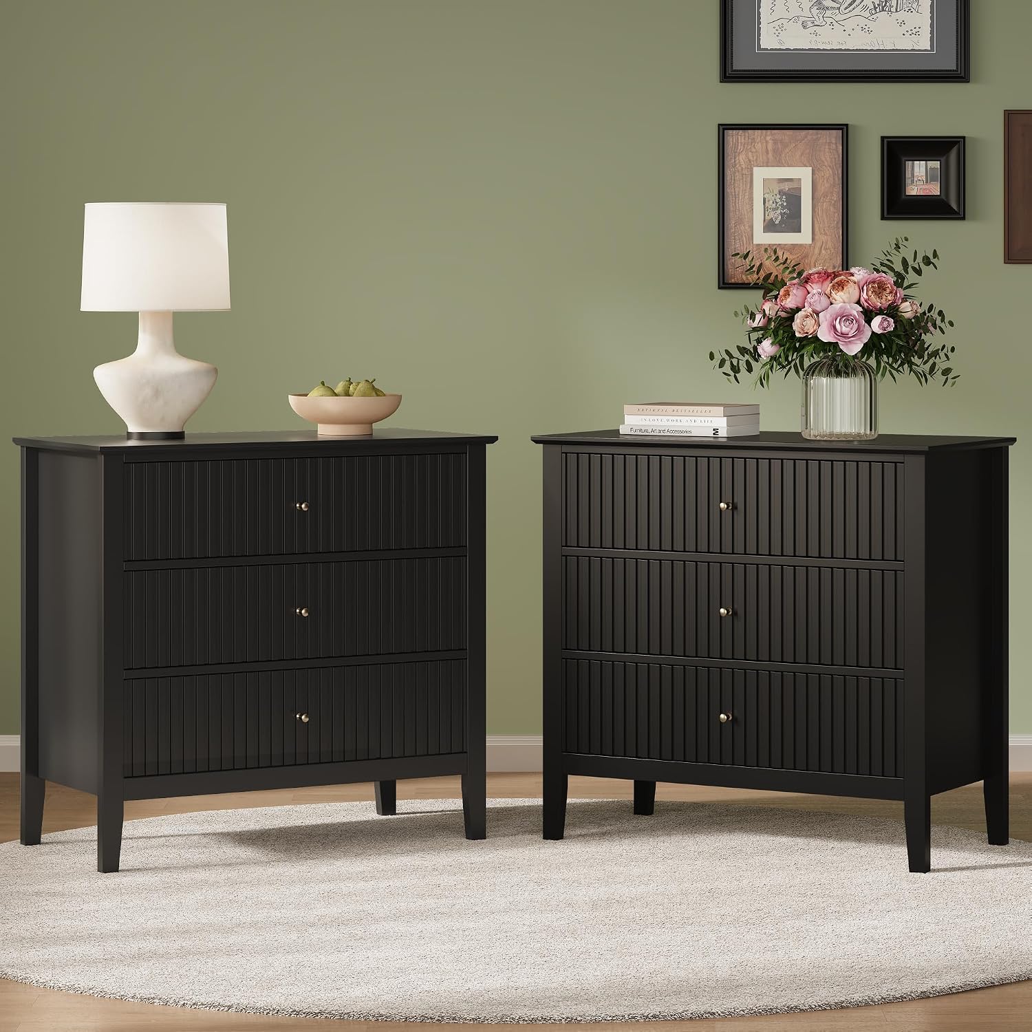 RoyalCraft 32' Large Nightstand Set of 2, Fluted Painted Bedside Table with 3 Spacious Drawers, Modern Tall End Table for Bedroom, Black