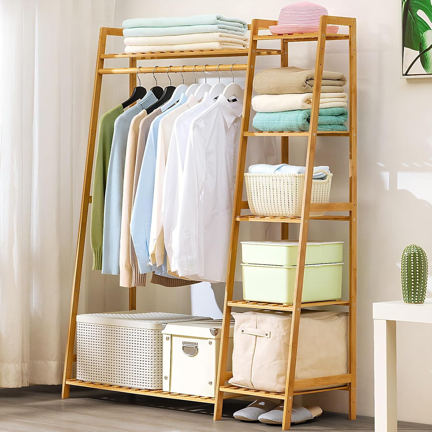 Clothing Garment Rack, Free Standing Clothes Coat Hanger, Closet Organizer w,Shoe Rack, Multi tiered Wardrobe Storage Shelves, Clothes Hanging Racks for Hall, Living Room, Bedroom, Entryway