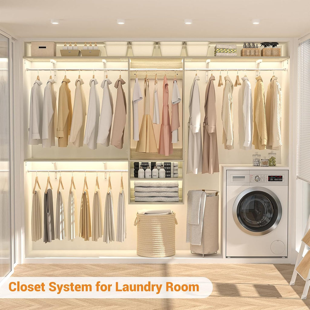 8FT Hanging Closet System, 96 Inch Closet Organizer System with Hanging Rod, Walk In Mounted Closet System, Built-In Clothes Garment Rack with 3 Shelving Towers(Can Be Cut To Fit), Oak
