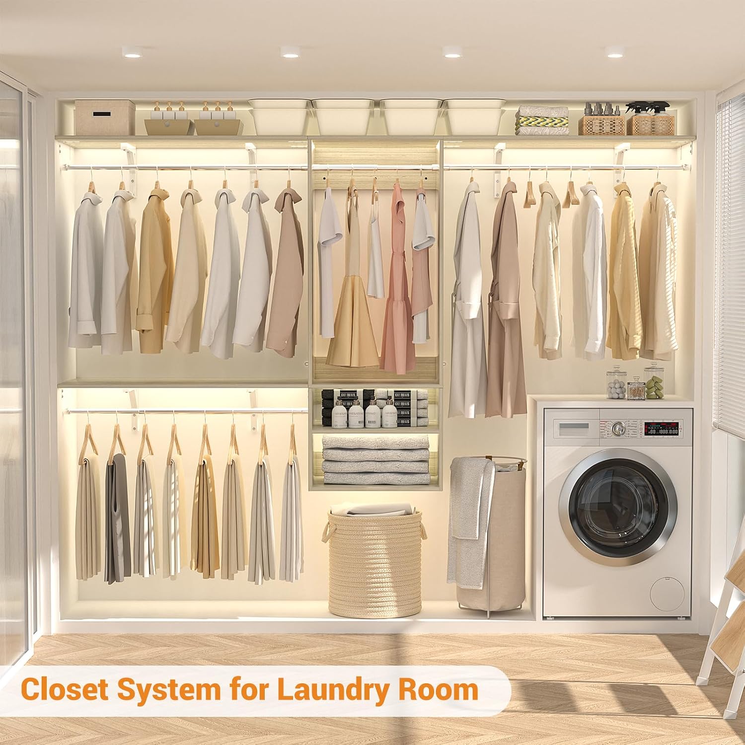 8FT Hanging Closet System, 96 Inch Closet Organizer System with Hanging Rod, Walk In Mounted Closet System, Built-In Clothes Garment Rack with 3 Shelving Towers(Can Be Cut To Fit), Oak
